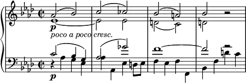 
{ \new PianoStaff <<
  \new Staff <<
    \new Voice \relative as' { \set Score.tempoHideNote = ##t \tempo 2 = 50
  \clef "treble" \key aes \major \stemUp \set Staff.midiInstrument = #"piano" \time 2/2 | % 1
  as2 \p _\markup{ \italic {poco a poco cresc.} } ^( bes2 ) | % 2
  c2 ^( ces2 ) | % 3
  bes2 ^( a2 ) | % 4
  bes2 r2 }
  \new voice \relative es' {
  \clef "treble" \key as \major \stemDown \time 2/2 | % 1
  es1 _~ | % 2
  es2 es2 | % 3
  d2 _( c2 ) | % 4
  d2 s2 } >>
  \new Staff <<
    \new Voice \relative c' {
  \clef "bass" \key as \major \stemUp \time 2/2 c2 \p ^( bes4 g4 ) | % 2
  as2 ^( ges'2 ) | % 3
  f1 ^~ | % 4
  f2 r2 }
  \new voice \relative as {
  \clef "bass" \key as \major \stemDown \time 2/2 r4 as4 g4 es4 | % 2
  as4 as,4 es'4 d8 es8 | % 3
  f4 es4 f4 f,4 | % 4
  bes4 f'4 d'4 c4 } >>
>> }
