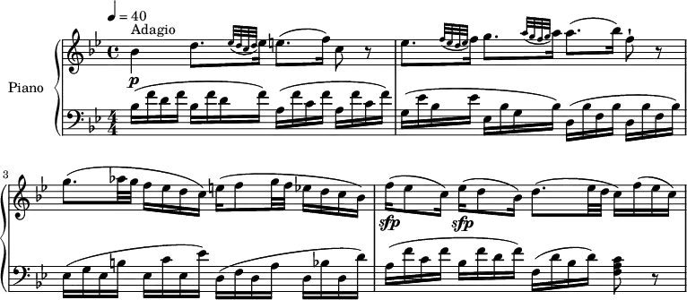 
\header {
  tagline = ##f
}
upper= \relative c' {
  \clef treble
  \key bes \major
  \time 4/4
  \tempo 4 = 40
  \set Staff.midiInstrument = #"piano"
     bes'4\p^\markup { Adagio } d8. [ \grace { ees32 (d c d } ees16]) e8. (f16) c8 r8
    ees8.[ \grace { f32 (ees d ees } f16]) g8. [ \grace { a32 (g f g } a16]) a8. (bes16) f8-! r8
    g8. (aes32 g f16 ees d c) e16 (f8 g32 f ees16 d c bes)
    f'16\sfp (ees8 c16) ees16\sfp (d8 bes16) d8. (ees32 d c16) f (ees c)
  }
lower=\relative c { \set Staff.midiMaximumVolume = #0.7
    \clef bass
    \key bes \major
    \numericTimeSignature
    \time 4/4
     bes'16 (f' d f bes, f' d f) a,  (f' c f a, f' c f)
    g,16 (ees' bes ees ees, bes' g bes) d,  (bes' f bes d, bes'  f bes)
    ees,16 (g ees b' ees, c' ees, ees') d,  (f d a' d, bes'!  d, d')
    a16 (f' c f bes, f' d f) f, (d' bes d) <f, a c>8 r8
  }
\score {
       \new PianoStaff \with { instrumentName = #"Piano" }
       <<
         \new Staff = "upper" \upper
         \new Staff = "lower" \lower
       >>
\layout { }
\midi { } }
