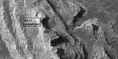 Closer view towards top of white butte, as seen by HiRISE.  Box shows size of a football field.