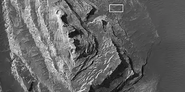 Enlargement of white butte, as seen by HiRISE.  Box shows size of a football field.