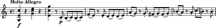 
\relative c'' {
  \key c \major
  \tempo "Molto Allegro"
  <c e, g,>\f r <e c g> r <g c, e,> r8 c,,-.\p b (c) b (c) f (e) r e-. d (e) d (e) a (g) r g-. fis (g) fis (g) bes (a) r a-. c (b) r b-.
}
