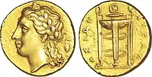 Electrum, a natural alloy of silver and gold, was often used for making coins. Shown is the Roman god Apollo, and on the obverse, a Delphi tripod (c. 310–305 BCE).