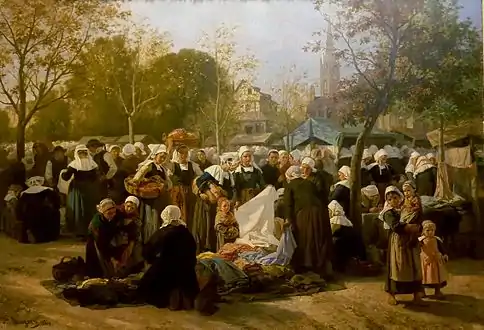 A market scene entitled Marché aux chiffons dans le Finistère.  Painting dates to 1886 and is held in the Quimper Musée des beaux-arts.