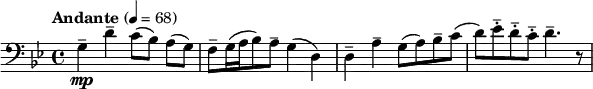  \relative c' { \key g \minor \tempo "Andante" 4=68 \clef bass \time 4/4 g4\mp-- d'-- c8([ bes)] a([ g)] | f--[ g16( a bes8) a--] g4( d) | d-- a'-- g8( a) bes-- c( | d) ees-.-- d-.-- c-.-- d4.-- r8 } 