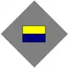 A grey diamond organisational symbol with a multi-coloured rectangle inside it