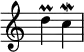  {
\override Score.TimeSignature
#'stencil = ##f
    \relative c'' {
        \time 2/4
        d\prall c\mordent
    }
}
