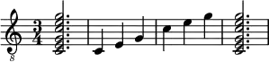  {
\clef "treble_8"
\time 3/4
<c e g c' e' g'>2.
<c >4
<e >4
<g  >4
<c' >4
<e' >4
<g' >4
<c e g c' e' g'>2.
}
