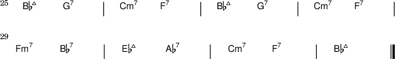 
{
\new ChordNames \with {
  \override BarLine #'bar-extent = #'(-2 . 2)
  \consists "Bar_engraver"
}
\chordmode {
  \override Score.BarNumber.font-size = #0
  \override Score.BarNumber.stencil= #(make-stencil-boxer 0.1 0.25 ly:text-interface::print)
  \set Score.barNumberVisibility = #all-bar-numbers-visible
  \set Score.currentBarNumber = #25
  \bar ""
  bes2:maj7 g:7 | c:m7 f:7 | bes:maj7 g:7 | c:m7 f:7 |
\break
f:m7 bes:7 | es:maj7 aes:7 | c:m7 f:7 | bes1:maj7 \bar "|."
} }
