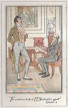 Colour illustration: A young lawyer stands at the left with a conceited air, Sir Walter sits at a desk.