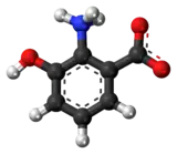 Ball-and-stick model of the 3-hydroxyanthranilic acid molecule as a zwitterion