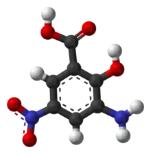 Ball-and-stick model of 3-amino-5-nitrosalicylic acid