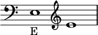 { \new Staff \with{ \magnifyStaff #3/2 } << \time 2/1 \override Score.TimeSignature #'stencil = ##f { \clef bass e1_E \clef treble e' } >> }