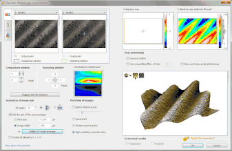 3D surface reconstruction of a (Ra = 3 µm) roughness calibration sample (as used to calibrate profilometers), from 2 scanning electron microscope images tilted by 15° (top left). The calculation of the 3D model (bottom right) takes about 1.5 second and the error on the Ra roughness value calculated is less than 0.5%.