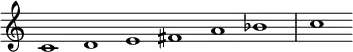  {
\override Score.TimeSignature #'stencil = ##f
\set Score.tempoHideNote = ##t
\tempo 1 = 120
\relative c' { 
  \cadenzaOn
  c1 d e fis a bes \bar "|" c
} }
