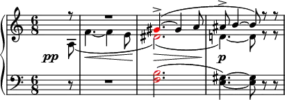 
    {
      \new PianoStaff <<
        \new Staff <<
            \new Voice \relative c'' {
                \clef treble \key a \minor \time 6/8
                \voiceOne \partial8 r8 R2. \once \override NoteHead.color = #red gis4.->(~ gis4 a8 ais8-> b4~ b8) r r
                }
            \new Voice \relative c' {
                \override DynamicLineSpanner.staff-padding = #4.5
                \once \override DynamicText.X-offset = #-5
                \voiceTwo \partial8 a\pp( f'4.~\< f4 e8 \once \override NoteHead.color = #red dis2.)(\> d!4.)~\p d8 r r
                }
            >>
        \new Staff <<
            \relative c {
                \clef bass \key a \minor \time 6/8
                \partial8 r8 R2. \once \override NoteHead.color = #red <f b>2.( <e gis>4.)~ <e gis>8 r r
                }
            >>
    >> }
