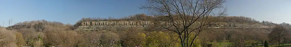 The escarpment is heavily treed, but behind the highway, which rises from the left to the right, large limestone rock outcroppings stand several metres tall.