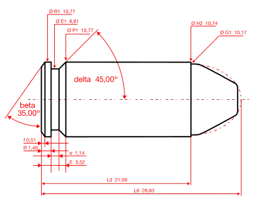 40 S&W maximum C.I.P. cartridge dimensions All sizes in millimeters (mm).