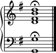 
    {
      \override Score.TimeSignature #'stencil = ##f
      \new PianoStaff <<
        \new Staff <<
            \relative c' {
                \stemUp \clef treble \key g \major \time 4/4
                <d fis b d>1\fermata
                }
            >>
        \new Staff <<
            \relative c {
                \clef bass \key g \major \time 4/4
                <g g'>1\fermata \bar "|."
                }
            >>
    >> }
