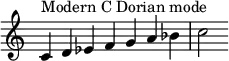  {
\override Score.TimeSignature #'stencil = ##f
\relative c' {
  \clef treble \time 7/4
  c4^\markup { Modern C Dorian mode } d es f g a bes c2
} }
