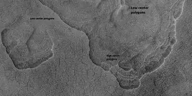 Scalloped terrain labeled with both low center polygons and high center polygons, as seen by HiRISE under HiWish program Image enlarged with HiView.