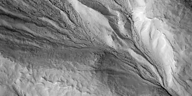 Close view of gully alcove, as seen by HiRISE under HiWish program  Note this is an enlargement of a previous image.