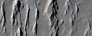 Close view of yardangs in previous image, as seen by HiRISE under HiWish program  Location is Memnonia quadrangle.