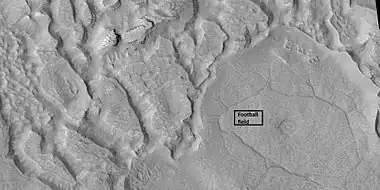 Ribbed terrain being formed from upper plains unit, as seen by HiRISE under HiWish program Formation begins with cracks that enhance sublimation.  Bok shows the size of football field.