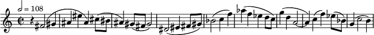 
  \relative c' { \clef treble \time 2/2 \tempo 2 = 108 r4 fis2( gis4 ais( eis' ais,) cis8( bis ais4) gis8( fis gis2) dis( eis4 fis8 gis) bes2( c4 f) aes( f ees d8 c) g'4( d a2~ a4) c( f) ees8( bes) g4( c2 b4) }
