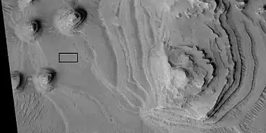 Close view of layers, as seen by HiRISE under HiWish program Box shows the size of a football field.