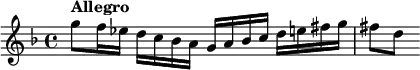 
    \relative c''' {
        \set Staff.midiInstrument = #"violin"
        \set Score.tempoHideNote = ##t \tempo 4 = 120
        \key g \dorian
        \time 4/4
        g8^\markup \bold "Allegro"
        f16 es d c bes a g a bes c d e fis g
        fis8[ d]
    }
