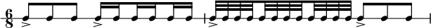 
 \new RhythmicStaff {
   \clef percussion
   \time 6/8
   \set Score.tempoHideNote = ##t \tempo 4 = 80
   c8-> c c
   c16-> \set stemRightBeamCount = #1 c \set stemLeftBeamCount = #1 c \set stemRightBeamCount = #1 c \set stemLeftBeamCount = #1 c c
   c32-> c c \set stemRightBeamCount = #1 c \set stemLeftBeamCount = #1 c c c \set stemRightBeamCount = #1 c \set stemLeftBeamCount = #1 c c c c
   c8-> c c
}
