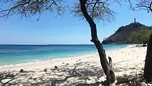 The beach with Cristo Rei of Dili in the background at right