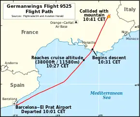 A map of the Mediterranean Sea, off the cost of Spain and France, with a red line connecting Barcelona on the left to a crash mark in the upper right, just north of the French coastline