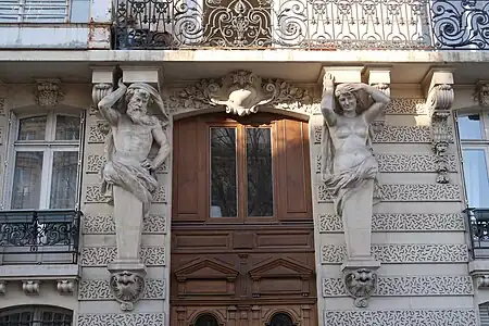 Beaux Arts atlas and caryatid of Avenue de Tourvill no. 4, Paris, unknown architect or sculptor, c.1900