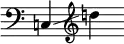 
     {
       \override SpacingSpanner.strict-note-spacing = ##t
       \set Score.proportionalNotationDuration = #(ly:make-moment 1/8)
       \clef bass \omit Score.TimeSignature
       \relative c{c!4 \glissando \clef treble d''!}
     }
   