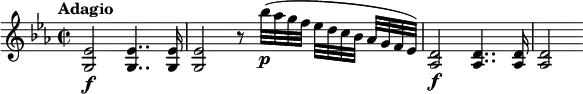 
\relative c' {
  \key es \major
  \tempo "Adagio"
  \time 2/2
  \tempo 4 = 50
  <es g,>2\f q4.. q16 |
  q2 r8 bes''32\p( as g f es d c bes as[ g f es]) |
  <aes, d>2\f q4.. q16 |
  q2
}
