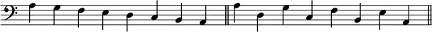   {
\omit Score.TimeSignature
\relative c' { \key c \major \clef bass \time 8/4
  a g f e d c b a \bar "||" a' d, g c, f b, e a, \bar "||"
} }
\layout { \context { \Score \override SpacingSpanner.base-shortest-duration = #(ly:make-moment 1/16) } }
