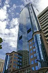 Former Australian Stock Exchange (completed 1990).  Collins Street, Melbourne.  Features a classical inspired podium base and Georgian inspired pyramid roof.