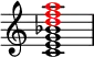 
{
\override Score.TimeSignature #'stencil = ##f
\new Staff <<
\new Voice \relative c' {
   \clef treble 
   \time 4/4
   \key c \major
   \voiceOne
   <c e g bes>1
} 
\new Voice \relative c'' {
   \clef treble 
   \time 4/4
   \key c \major
   \voiceOne
   \override NoteHead.color = #red 
   <d f a>1
}
>>
}
