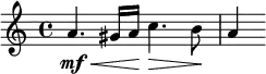 
    \relative c'' {
        \time 4/4
        \override DynamicLineSpanner.staff-padding = #2.5
        a4._\mf\< gis16 a\! c4.\> b8\! a4
    }
