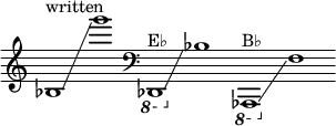 
    {
      \new Staff \with { \remove "Time_signature_engraver" }
      \clef treble \key c \major ^ \markup "written" \cadenzaOn
      bes1 \glissando g'''1
      \clef bass
      \ottava #-1 des,,1  ^ \markup "E♭" \glissando \ottava #0 bes1
      \ottava #-1 aes,,,1 ^ \markup "B♭" \glissando \ottava #0 f1
    }
  