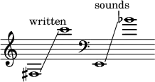 
    {
      \new Staff \with { \remove "Time_signature_engraver" }
      \clef treble \key c \major ^ \markup "written" \cadenzaOn
      fis1 \glissando c'''1
      \clef bass ^ \markup "sounds" e,1 \glissando bes'1
    }
  