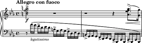 
\new PianoStaff <<
\new Staff = "Up" \with { \magnifyStaff #3/4 } <<
\new Voice \relative c' {
\clef treble
\tempo "Allegro con fuoco"
\set Score.tempoHideNote = ##t \tempo 4 = 160

\time 4/4
\key c \minor
<b' d f g b>2-> \f r r r4 <aes ees' f aes>8.-> \< (<g g'>16 \!)
}
>>
\new Staff = "Down" \with { \magnifyStaff #3/4 } <<
\new Voice \relative c{
\clef bass
\key c \minor
r8 aes''16_\markup{\italic legatissimo} (g f-> d ees d b-> g aes g f-> d ees d b-> g aes g f-> d ees d c-> g c g c-> g c g)
}
>>
>>
