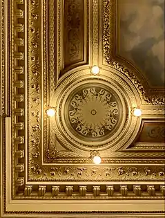 Detailed ceiling with stuccos and decorative paintings in the Cesianu-Racoviță Palace, Bucharest, by John Elisée Berthet, 1892-1902