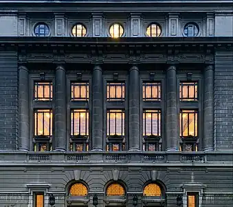 Beaux Arts columns on a facade of the University of Bucharest on Strada Edgar Quinet, Bucharest, Romania, by Nicolae Ghika-Budești, in collaboration with Duiliu Marcu, 1914-1934