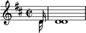 
\relative c' {
  \key d \major
  \time 2/2 <<
  \new Voice = "first"
    { \voiceOne \partial 16 d16 d1}
  \new Voice= "second"
    { \voiceTwo \partial 16 d16 d1}
>>
}
