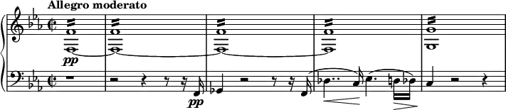 
\relative c {
  \new PianoStaff <<
    \new Staff <<
      \set Staff.midiInstrument = #"piano" \key c \minor \clef treble \time 2/2 \set Score.tempoHideNote = ##t \tempo "Allegro moderato" 2 = 55
      \new Voice {
        f'1:16 \pp |
        f1:16 |
        f1:16 |
        f1:16 |
        g1:16 |
      }
      \new Voice {
        f,1 ~  |
        f ~ |
        f ~ |
        f |
        g |
      }
    >>
    \new Staff {
      \clef bass \key c \minor
      r1 |
      r2 r4 r8 r16 f,16 \pp |
      ges4 r2 r8 r16 f16 (|
      des'4.. \< c16) \! es4. (d16 \> des16 ) |
      c4 \! r2 r4 |
    }
  >>
}
