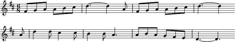 
\new Staff <<
\clef treble \key d \major {
      \time 6/8 \partial 2.
      \relative fis' {
	fis8 g a a b cis | d4.~ d4 a8 | fis8 g a a b cis | d4.~ d4 \bar"" \break
        a8 | d4 d8 cis4 cis8 | b4 b8 a4. | a8 b a g fis e | d4.~ d4. \bar"" \break
      }
    }
%\new Lyrics \lyricmode {Hickory Dickory Dock, Pixels looked up at the clock, The clock struck five, he ran away, Hickory Dickory Dock}
%}
>>
\layout { indent = #0 }
\midi { \tempo 4. = 63 }
