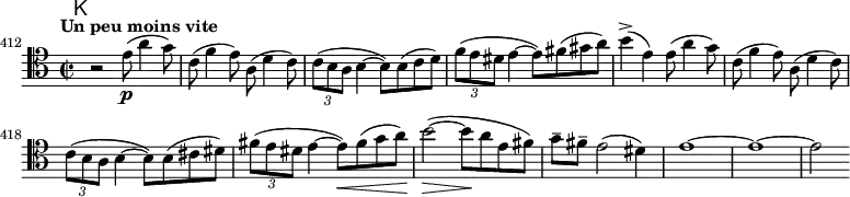 
\relative c' \new Staff {
  \key a \minor \clef tenor
  \set Staff.midiInstrument = "cello"
  \set Score.tempoHideNote = ##t \tempo "Un peu moins vite" 2 = 50
  \mark \markup \sans K % H = 372
  \time 2/2
  \set Score.currentBarNumber = #412 \bar ""
  r2 e8\p( a4 g8) | c,( f4 e8) a,( d4 c8) | \times 2/3 { c( b a } b4 ~ b8) b( c d) | \times 2/3 { f( e dis } e4 ~ e8) fis( gis a) | b4(-> e,)
  e8( a4 g8) | c,( f4 e8) a,( d4 c8) | \times 2/3 { c( b a } b4 ~ b8) b( cis dis) | \times 2/3 { fis( e dis } e4 ~ e8)\< fis( g a) |
  b2(\> ~ b8\! a e fis) | g-- fis-- e2( dis4) | e1 ~ | e ~ | e2
}
