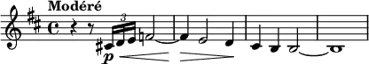  {
    \set Staff.midiInstrument = #"english horn"
    \relative c' {
        \set Score.currentBarNumber = #5
        \key d\major
        \time 4/4
        \tempo Modéré
        \override DynamicLineSpanner.staff-padding = #2
        r4 r8 \tuplet 3/2 { cis!16\p\< d e } f2~
        f4\> e2 d4\!
        cis4 b b2~
        b1
    }
}
